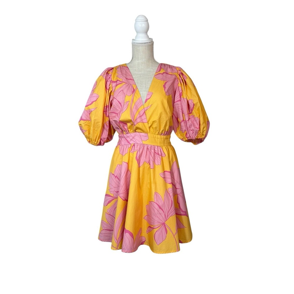 Hutch Letty Cotton Puff Sleeve Mini Dress Yellow Pink Floral Print Sz MD Pockets